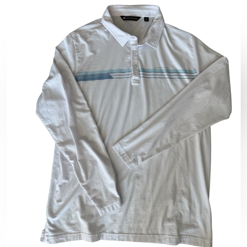 TravisMathew White Long Sleeve Polo Blue Stripe Golf Shirt Polo Men’s Size XL